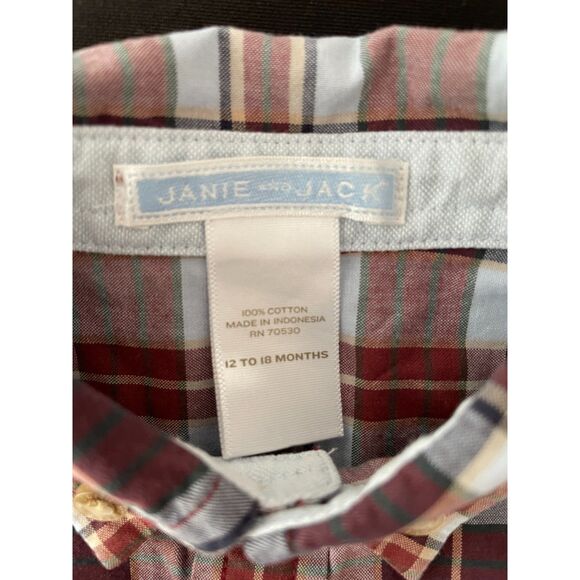~ Janie and Jack 12-18mo Button Down Shirt Plaid Blue Navy Burgundy Tan Cotton - Picture 3 of 7